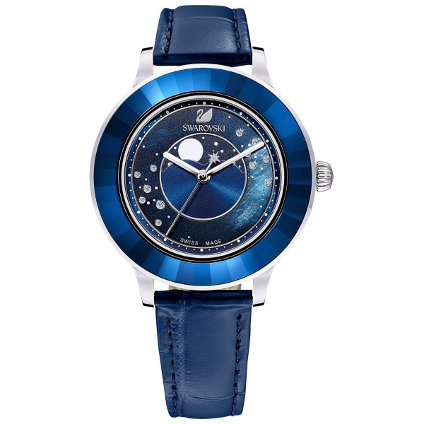 SWAROVSKI Octea Lux Moon Watch, Leather Strap, Dark blue, Stainless steel 5516305