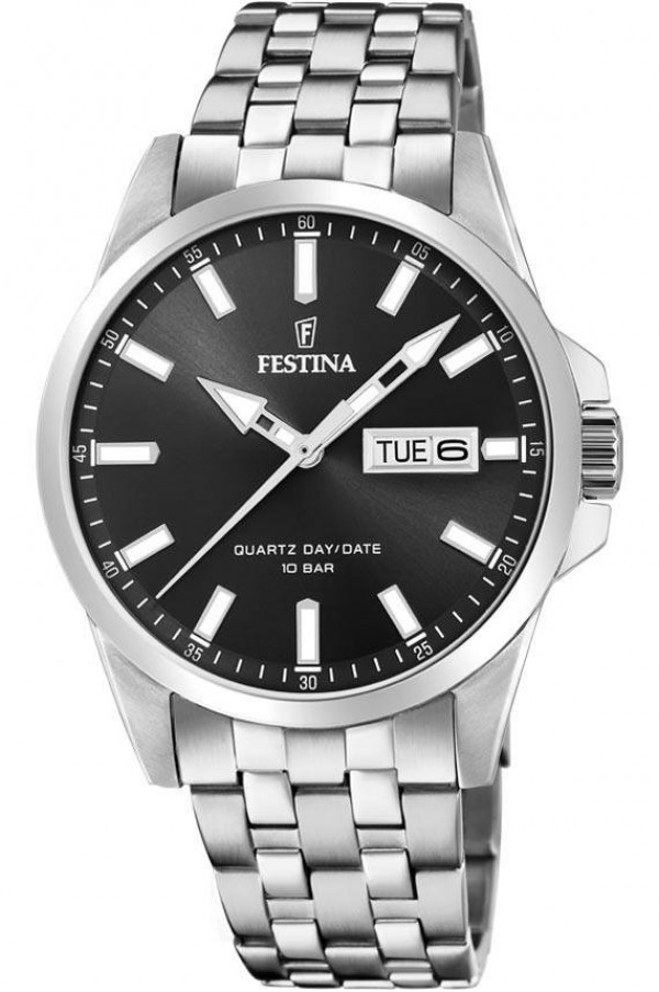FESTINA Miesten rannekello musta taulu, teräsranne, päivyri