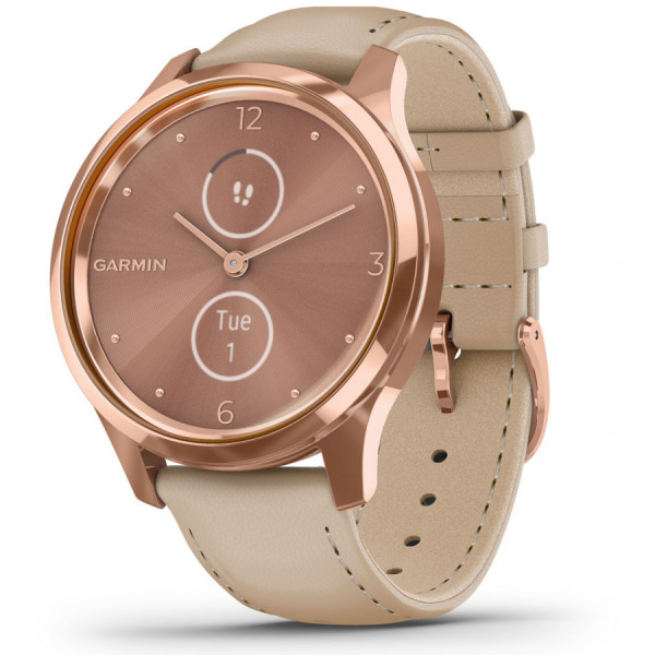 GARMIN Vivomove Luxe Light Sand Leather and 18K Rose Gold hybridiälykello 010-02241-01