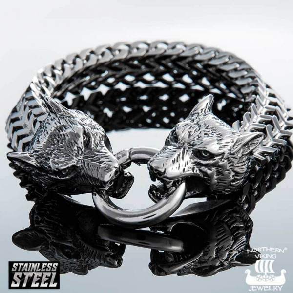 Northern Viking Jewelry NVJRA007 rannekoru Steel Wolf Head